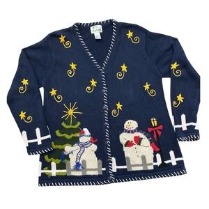 Quacker Factory Navy Blue Snowman‎ Christmas Cardigan Sweater Women's L Holiday